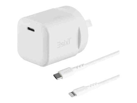 3sixT Wall Charger GaN 20W USB-C PD + USB-C to Lightning - White Fashion